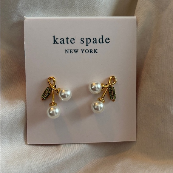 Kate Spade New York Gold cherry Pearl green gem leaf Drop stud Earrings - Picture 2 of 7